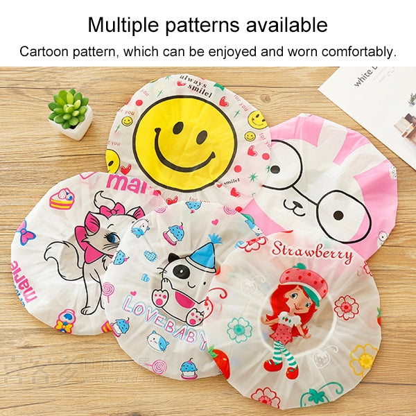 Cartoon shower bath caps on wood: pink-and-white rabbit and strawberry printed cap
