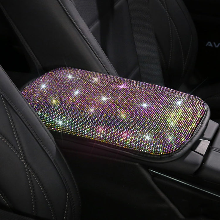 Car armrest box cushion with multicolor rhinestone diamond top on black interior