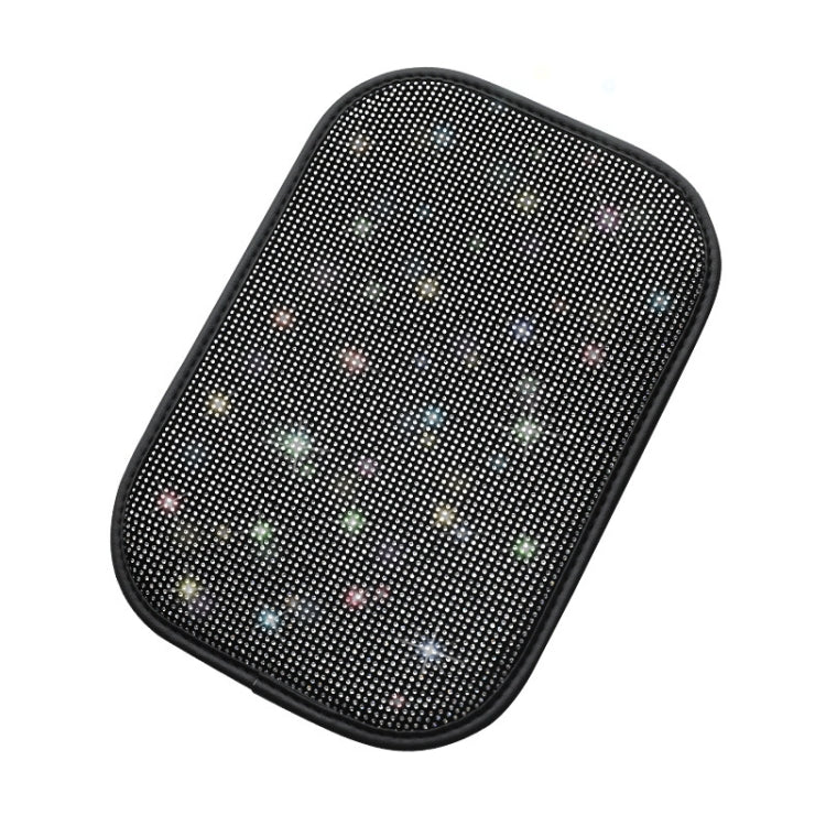 Car armrest box cushion with black base and silver rhinestone diamond pattern