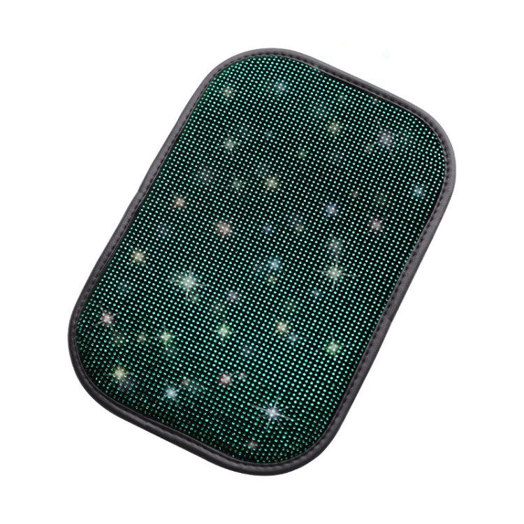 Car armrest box cushion with green rhinestone diamond pattern and black border