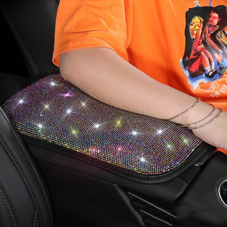 Car armrest box cushion with multicolor rhinestone diamond pattern on armrest