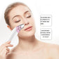 White and pink blackhead suction device used on face, clear nozzle head near cheek