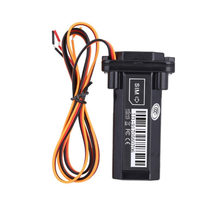 Mini black GPS vehicle tracker module with orange, red, and black wiring harness