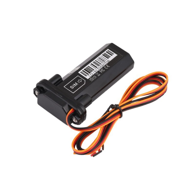 Black tracker module with SIM label and barcode, plus orange and black wire leads