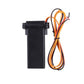 Waterproof GPS tracker housing with black mesh cover and orange/red/black wiring