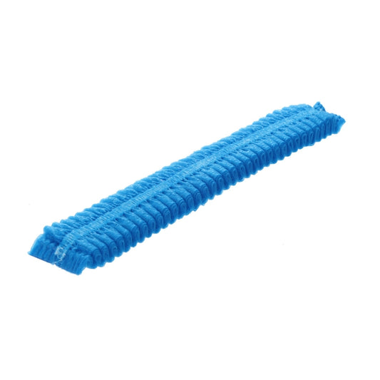 Disposable non-woven pleated hair cap strip, blue, ribbed edge for fitting