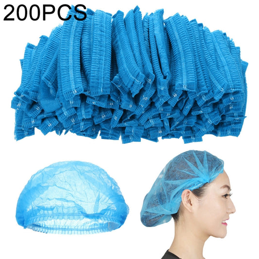Disposable non-woven pleated hair caps, blue, bulk pack display of multiple caps