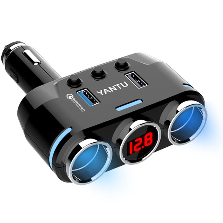 Black car USB charger with three blue ports and red 12.8V display