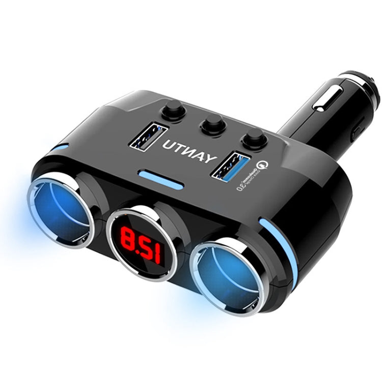 Black car USB charger with three blue ports and red 8.5V display
