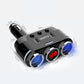 Black car USB charger with three blue ports and red 12.8V display, angled view