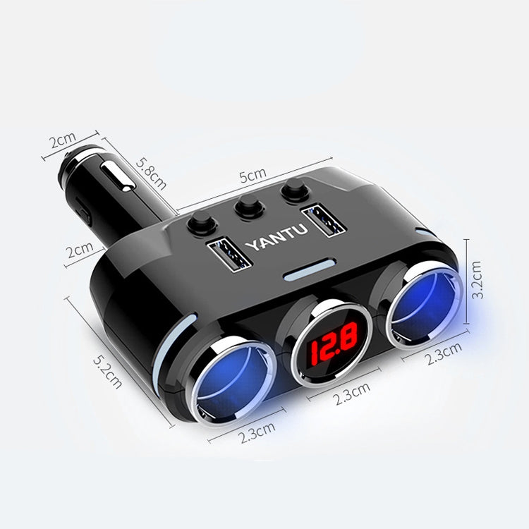 Black car USB charger with three blue ports and red 12.8V display, angled view