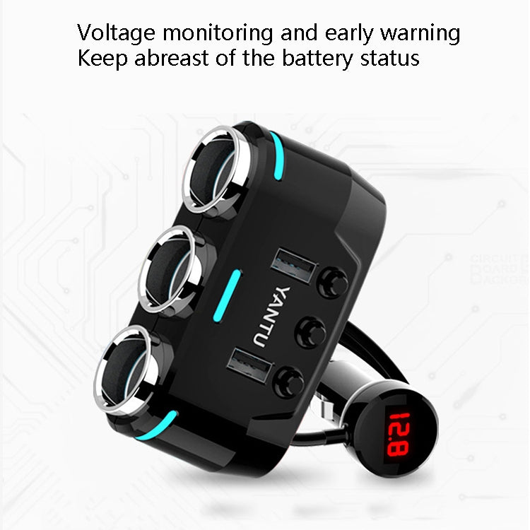 Black car USB charger with three blue ports and side outlets, red voltage display