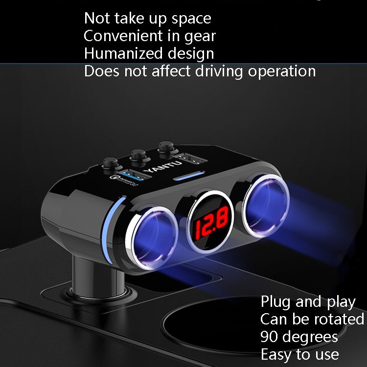 Compact black car USB charger with three blue ports and red 12.8V display