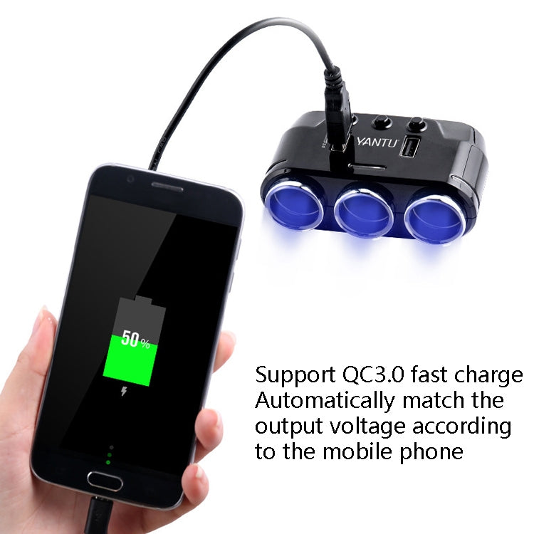 Black car USB charger with three blue ports charging a smartphone