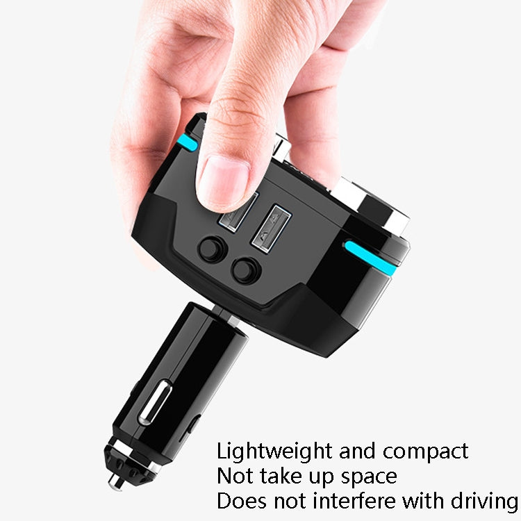 Black car USB charger plug end with mounting clips, three blue ports