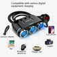 Black car USB charger with three blue ports, red 12.8V display and USB inputs