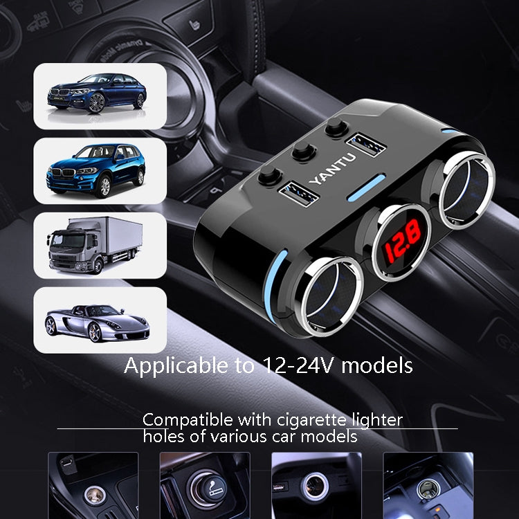 Car cigarette lighter USB charger with dual USB ports and voltage display, blue light