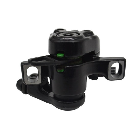 Black disc brake caliper with two green indicator dots and mounting lugs