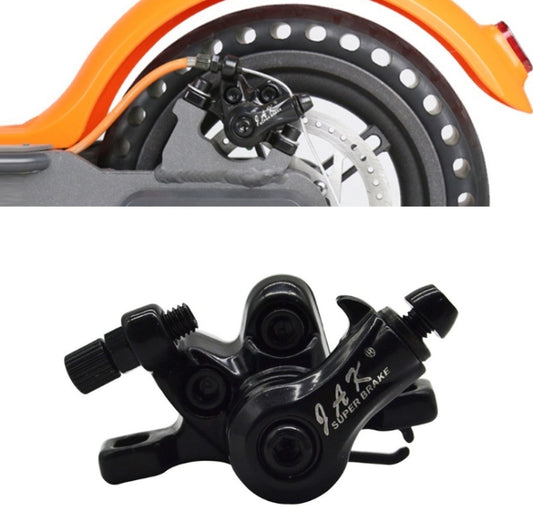 Electric scooter front disc brake caliper and brake rotor on wheel