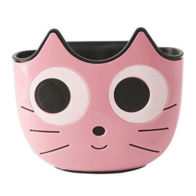 Pink cartoon cat-face sink drain hanging basket with black rim and side hooks