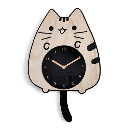 Cat wooden wall clock with cartoon face, black paws, and wagging tail