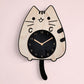 Cat-shaped wooden wall clock with cartoon face, round black dial, wagging tail