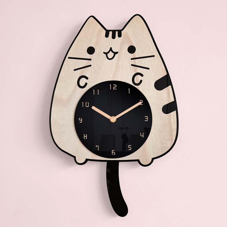Cat-shaped wooden wall clock with cartoon face, round black dial, wagging tail