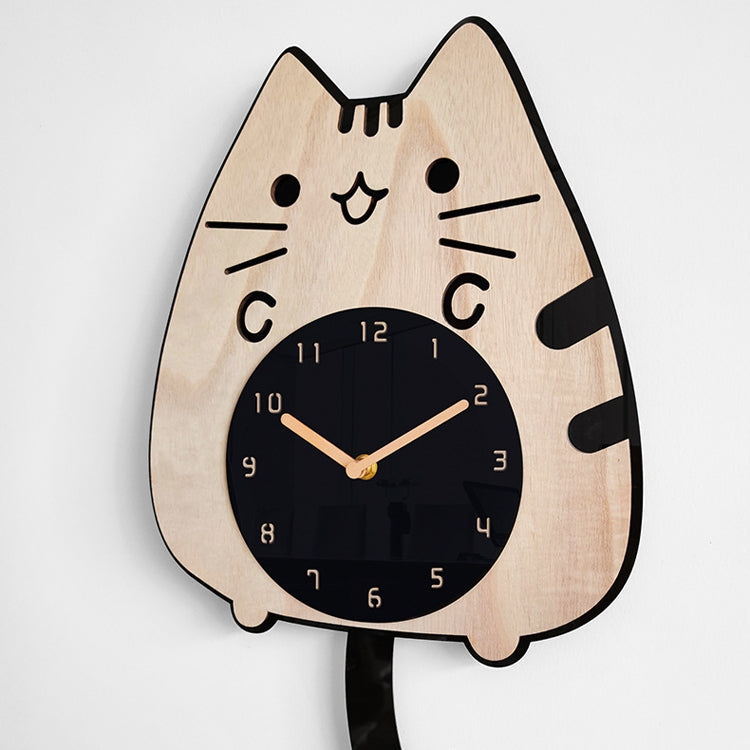 Cat wooden wall clock, full cat shape with round black dial and cream face markings