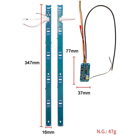 Electric scooter BMS board and side strip kit with measured blue PCB strips and small circuit board