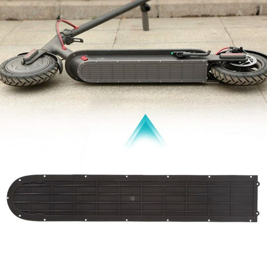 Black battery compartment bottom panel with vent grid, shown attached under scooter deck