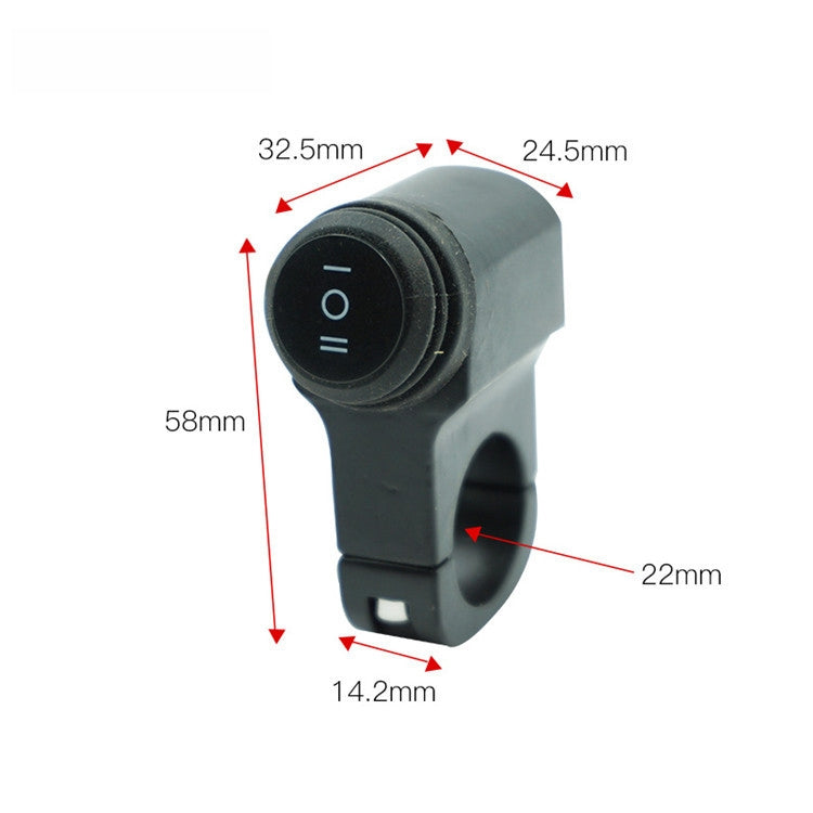 Universal motorcycle switch with O/I markings and size diagram