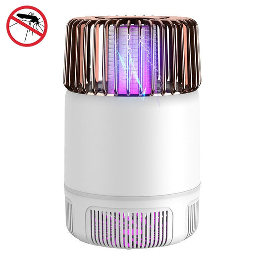 White mosquito killer device with copper UV light cage and purple glowing bulbs