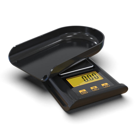 Black digital pocket scale with metal weight cone and yellow LCD display