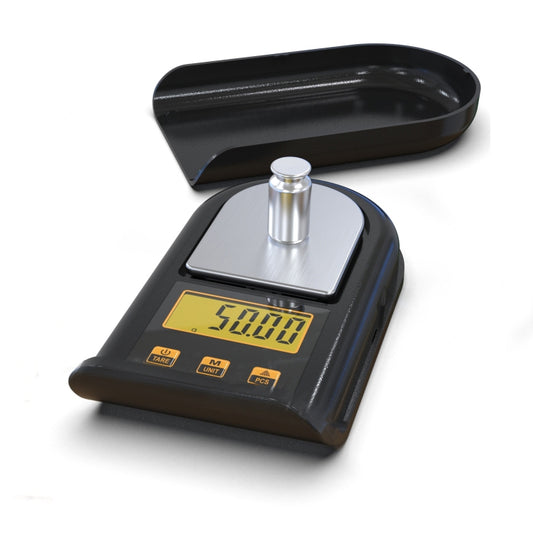 Black digital pocket scale with metal weighing platform and yellow LCD display