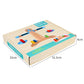Wooden balance scale educational toy box with blue-and-green graphics and weights