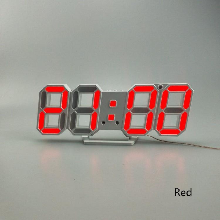 3D LED alarm clock showing red illuminated 3D digits on gray frame with cable