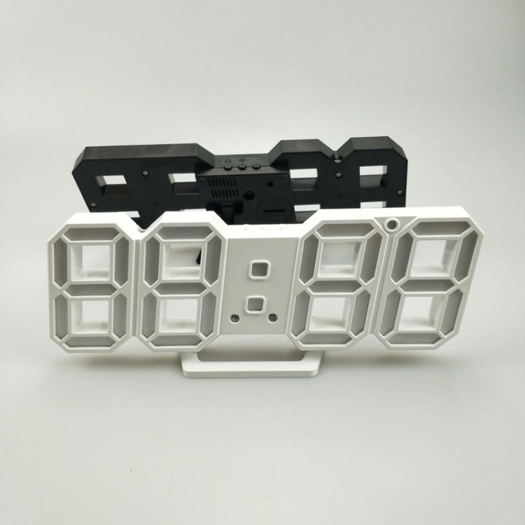 3D LED alarm clock front with white 3D digits and dark back panel