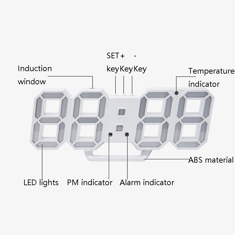 3D LED alarm wall clock, white body with gray segmented blank display