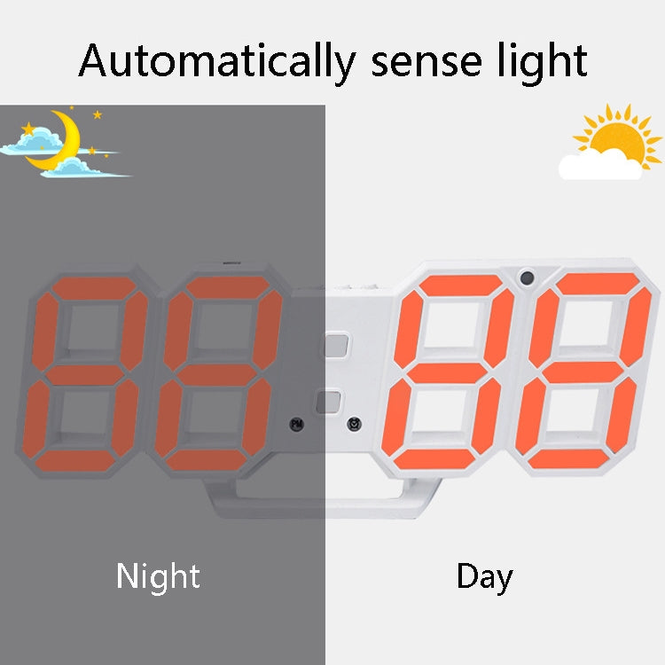 3D LED alarm wall clock showing orange 3D digits for day and night