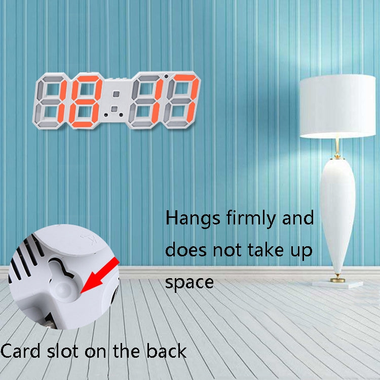 White 3D LED alarm wall clock with orange illuminated digits, wall-mounted