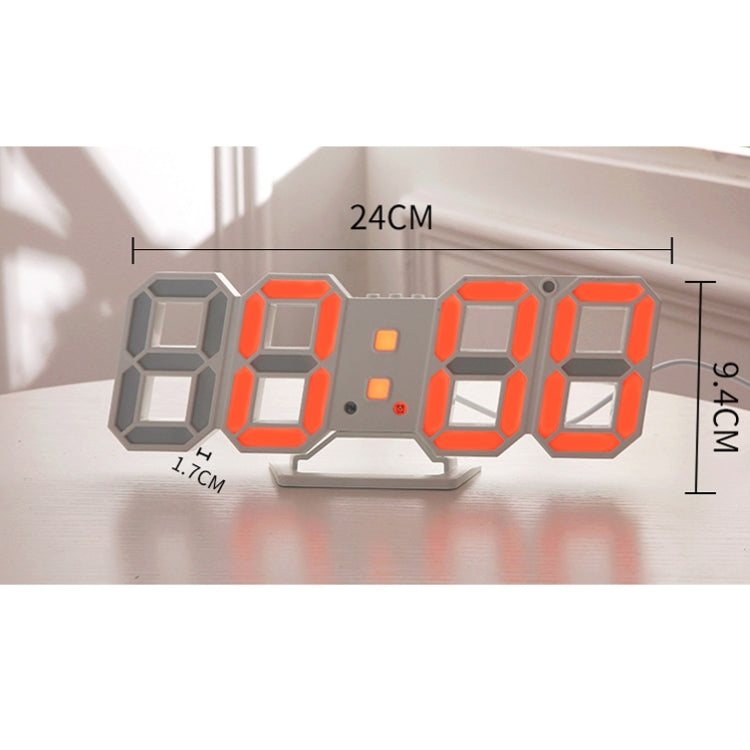 White 3D LED alarm wall clock with orange digits, sized 24cm by 9.4cm