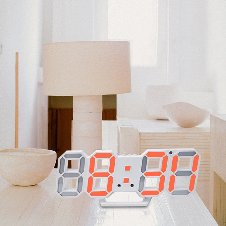 White 3D LED alarm wall clock with orange illuminated 3D digits