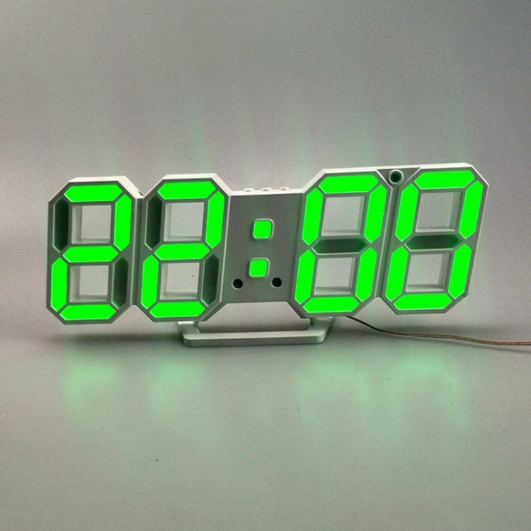 3D LED alarm clock with green illuminated 3D digit display on gray frame