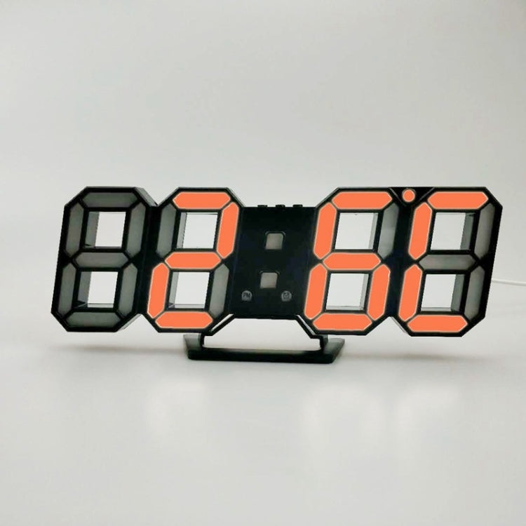 3D LED alarm clock with orange illuminated 3D digit display on black frame