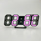 3D LED alarm clock with pink illuminated 3D digit display on black frame