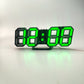 3D LED alarm clock with bright green illuminated 3D digits on black frame