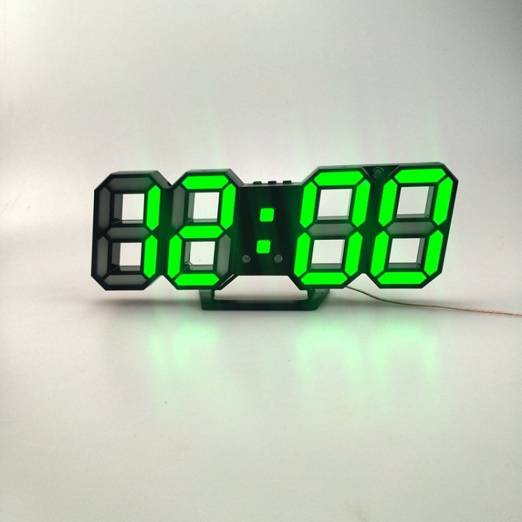 3D LED alarm clock with bright green illuminated 3D digits on black frame