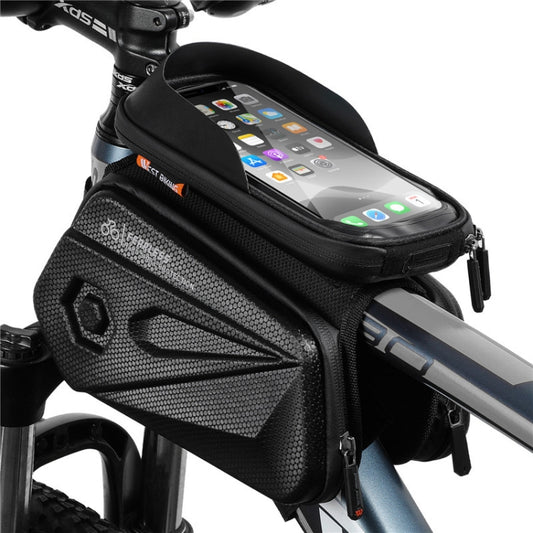 Black hard-shell bike front phone bag with clear touchscreen cover and zip pocket sides