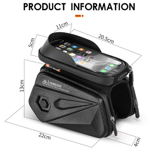Black hard-shell bike phone bag with touchscreen window and side zip compartments, shown with size