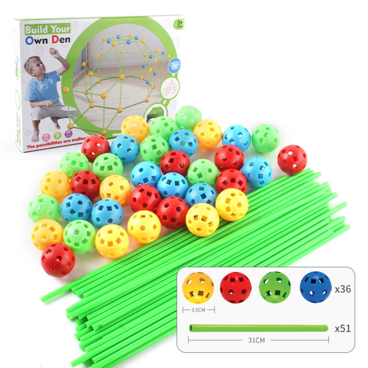 DIY play tent building set with green rods, colorful balls, and size guide
